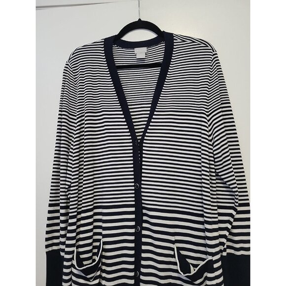 Chico's (3)  Nautical Faded Stripe Long Sweater Cardigan Blue & White XL - Picture 2 of 9